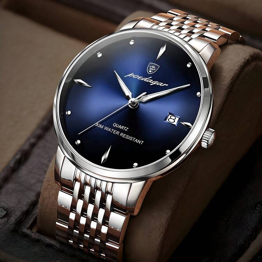POEDAGAR 时尚商务男士手表防水夜光日期不锈钢男士石英表奢华方形男士手表爸爸兄弟伙伴生日假期必备日本石英机芯 - 优质内置超长电池寿命考试返校 - 彩色 - 查看 1