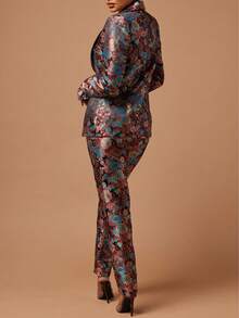 Valentine's Day, Date Night Outfit, Gifts For Her GLOURI Hot Pink Floral Jacquard Suit Set - Women's Long Sleeves Satin Blazer & Straight Leg Pants | Formal Wedding Guest Outfit For Red Carpet Events/Black Tie Galas (Designer Two-Piece & Pocket Details - màu nâu - Xem 4