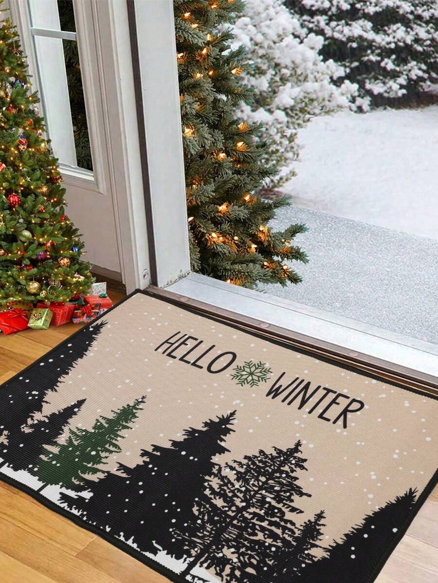 1pc Hello Winter Christmas Welcome Doormat, Christmas Decorations Floor Mat, Christmas Tree Design Floor Mat, Carpet, Mat And Washable Floor Mat, Rug, Welcome Doormat, Christmas Party Decor, Christmas Ornaments, Christmas Kitchen Decoration Floor Mat, Home Decor, Xmas, Christmas Eve, Christmas Gifts, Christmas Decor, Winter Decor, 2026 New Year Decorations - Christmas Tree Silhouette - View 1