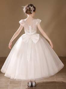 Girls' White Lace Bow Flower Girl Dress, Wedding Party Tulle Gown - White - View 2