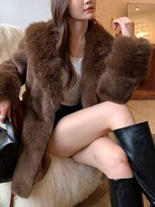 女士纯色长袖仿毛领系腰圣诞外套休闲冬季 - 咖啡棕 - 查看 1