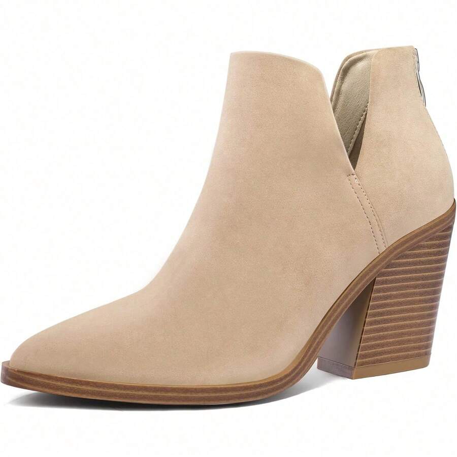 Women's Slip-On Ankle Boots – Cutout Pointed Toe Chunky Mid Heel Booties For Casual, Work & Daily Wear - khỏa thân - Xem 1