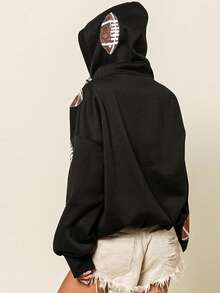 Womens Game Day Sweatshirts Football Sequin Hoodies Tailgate Outfits Long Sleeve Zipper Sweaters With Pocket - 黑色 - 查看 2