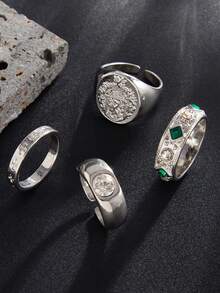 Bộ 4/3 nhẫn đính đá ngũ giác hình học bất đối xứng phong cách đường phố Hip Hop cổ điển, nhẫn xếp chồng cao cấp cá nhân hóa phù hợp cho nam giới, ngày lễ, tiệc tùng, hẹn hò, quà tặng, trang phục hàng ngày, trang sức đa năng - Bạc - Xem 8