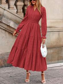 Women's  Fall Wedding Guest Dresses Long Sleeve V Neck Flowy Elegant Holiday Party Maxi Dress With Pockets - Đỏ gạch - Xem 7