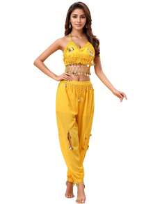 2 Pieces Prom Party Line Dance Costume For Women Belly Dance With Coin Embellished Open-Hole Loose Pants (Includes Breast Pads)