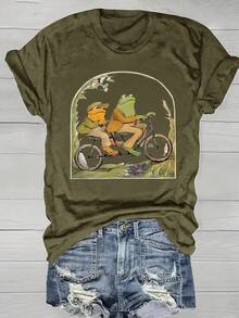 Vibrant Cartoon Frog Print Crew Neck T-Shirt - Soft Micro Elasticity Polyester Fabric, Regular Length, Casual Short Sleeve Top For Spring & Summer, Womens Fashion Clothing With Positioning Printing - 軍綠色 - 查看 1