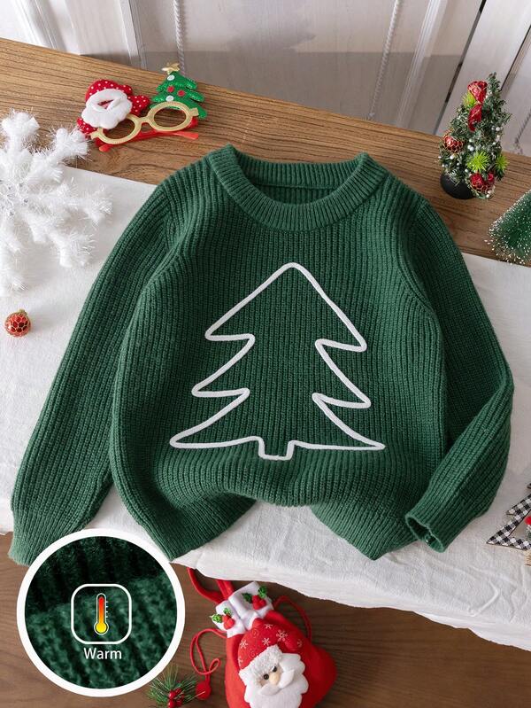 Boys' Christmas Tree Embroidered Knit Pullover Sweater, Suitable For Christmas, Spring, Autumn And Winter