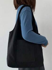 Women Simple Canvas Tote Bag, Open-Top Canvas Shoulder Bag, Handbag, Simple Briefcase Bag For Elementary/High School/College Students, Document Holder, Travel Bag - Black - View 4