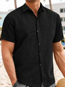 Camisa de lino para hombre, clásica, informal, de algodón, para verano, para playa, boda - Negro - Ver 1