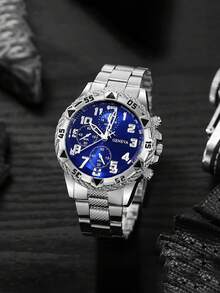 1 件男士高端大表盘金色合金和不锈钢石英表，带蓝光玻璃，圆形表盘，非机械