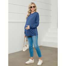 Women's Maternity Shirts Long Sleeve Sweatshirt Zipper Split Side Pregnancy Casual Tunic Top - 藏蓝色 - 查看 5