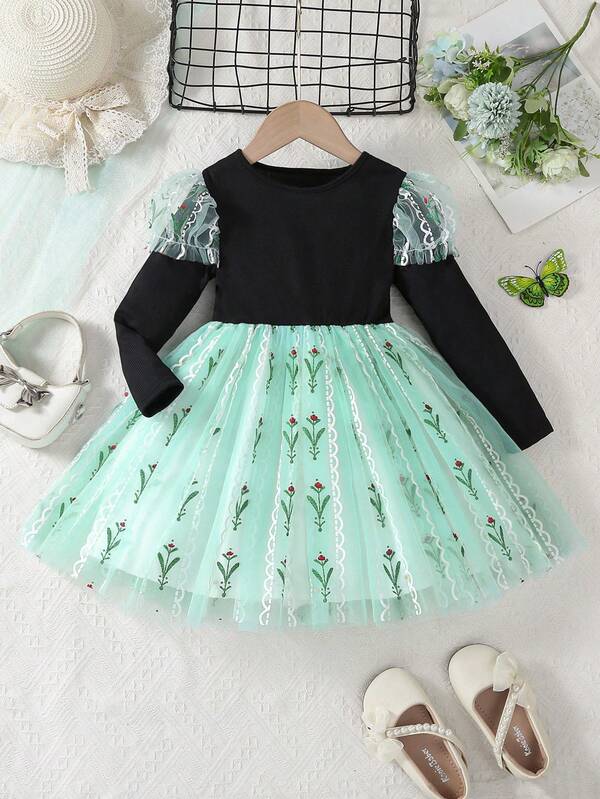 1 Stück Mädchen Prinzessin Stil Tüll Prinzessin Kleid, Rundhalsausschnitt, Puffärmel, geeignet für Outdoor, Party, Urlaub, Schule, Herbst/Winter