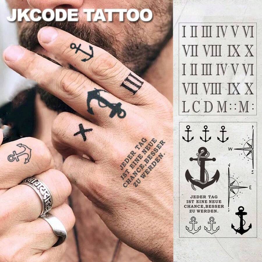 JKCODE TATTOO 防水设计半永久纹身，素描手，航海图案指南针 - 罗马数字 - 自我临时纹身，复古风格草本男女纹身贴纸 - 信仰图腾 - 手指、手臂和颈部临时纹身