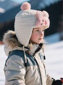 1pc Girls Baby Bunny Lei Feng Hat, Winter Thickened Plush Toddler Ear Protection Hat Cartoon Warm Children Boys Girls Lei Feng Hat