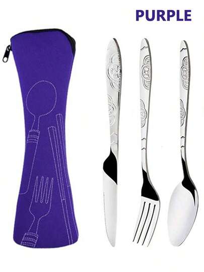 Set di posate in acciaio inossidabile da 4 pezzi, inclusi coltello, forchetta, cucchiaio e custodia, set di posate portatile per esterni adatto per cucina, feste, riunioni, viaggi, perfetto per picnic, viaggi, campeggio, accessori da cucina, regali di Natale, ritorno a scuola