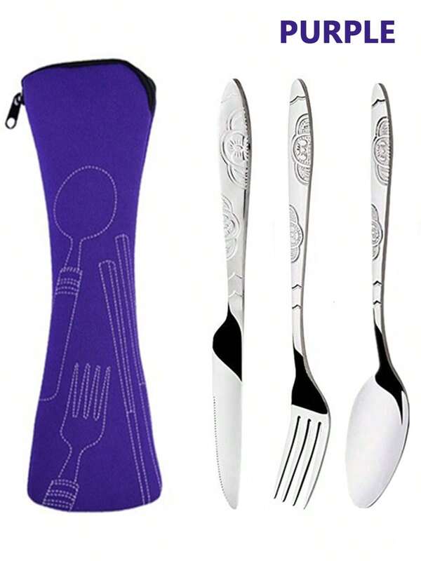 Juego de cubiertos de acero inoxidable de 4 piezas, que incluye cuchillo, tenedor, cuchara y bolsa de almacenamiento, juego de cubiertos portátil para exteriores adecuado para cocina, fiestas, reuniones, viajes, perfecto para picnics, viajes, campamentos, accesorios de cocina, regalos de Navidad, temporada de regreso a clases