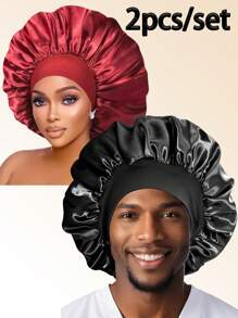 2pcs Satin Sleep Cap, Unisex, Soft Stretchy Silk Sleep Hat Suitable For Curly Hair And Braids - 2pcs - View 22