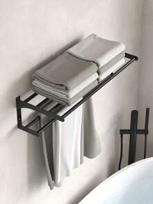 1 pieza Toallero de baño - Diseño moderno de doble capa, montado en la pared, sin necesidad de perforar, estantería de ducha, almacenamiento de baño para toallas, batas de baño, accesorios de ducha, ideal para almacenamiento de baño, estructura ahorradora de espacio, adecuado para uso doméstico y hotelero Accesorios de baño Herramientas de baño - Negro - Ver 4