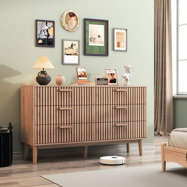 Cómoda estilo rústico, 6 cajones, mueble de almacenaje, aparador de salón, con dispositivo antivuelco, para salón, dormitorio, entrada, color madera