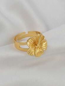 1pc Hibiscus Flower Rings For Women Girls Hawaiian Jamaica Madagascar Guam Island Jewelry - Gold - View 3