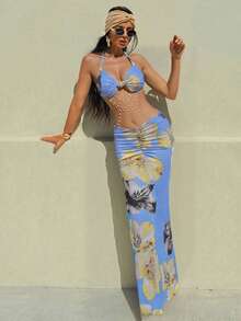 Women's Two Piece Maxi Skirt Sets Summer Beach Sexy Ruched Backless Pearls Chain Decor Crop Top And Cut Out Skirt - 藍色 - 查看 4