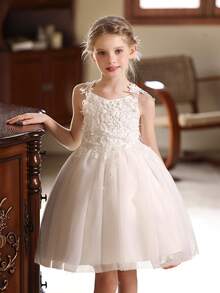 少女白色蕾丝刺绣薄纱花童婚纱 - 白色 - 查看 10