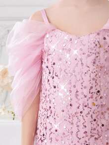 Young Girl Pink Sequin Mesh Cape Elegant Princess Dress, Suitable For Girls' Birthday Party, Banquet, Prom, Wedding Flower Girl Dress, Holiday Celebration - Pink - View 7
