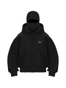 Y2K Street Double Hat Oversized Hoodie Black Full Face Mask Zip Hoodie With Embroidery - màu đen - Xem 4