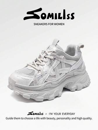 somiliss 6 cm platåsneakers med snörning och strass för kvinnor, vardagliga sportskor, trendiga, grova utomhusskor, grå, året runt
