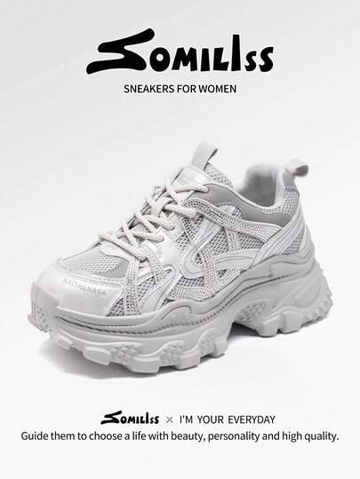 somiliss 6cm Platform Lace-Up Mesh Rhinestone Sneakers For Women, Casual Sports Shoes, Fashion Chunky Outdoor Walking Shoes, Grey, All Season