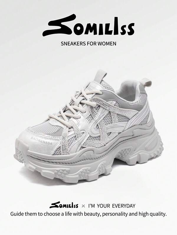 somiliss 6cm Platform Lace-Up Sneakers For Women, Breathable Mesh, Rhinestone Decor, Anti-Slip Casual Sports Shoes, Gray, Suitable For All Seasons