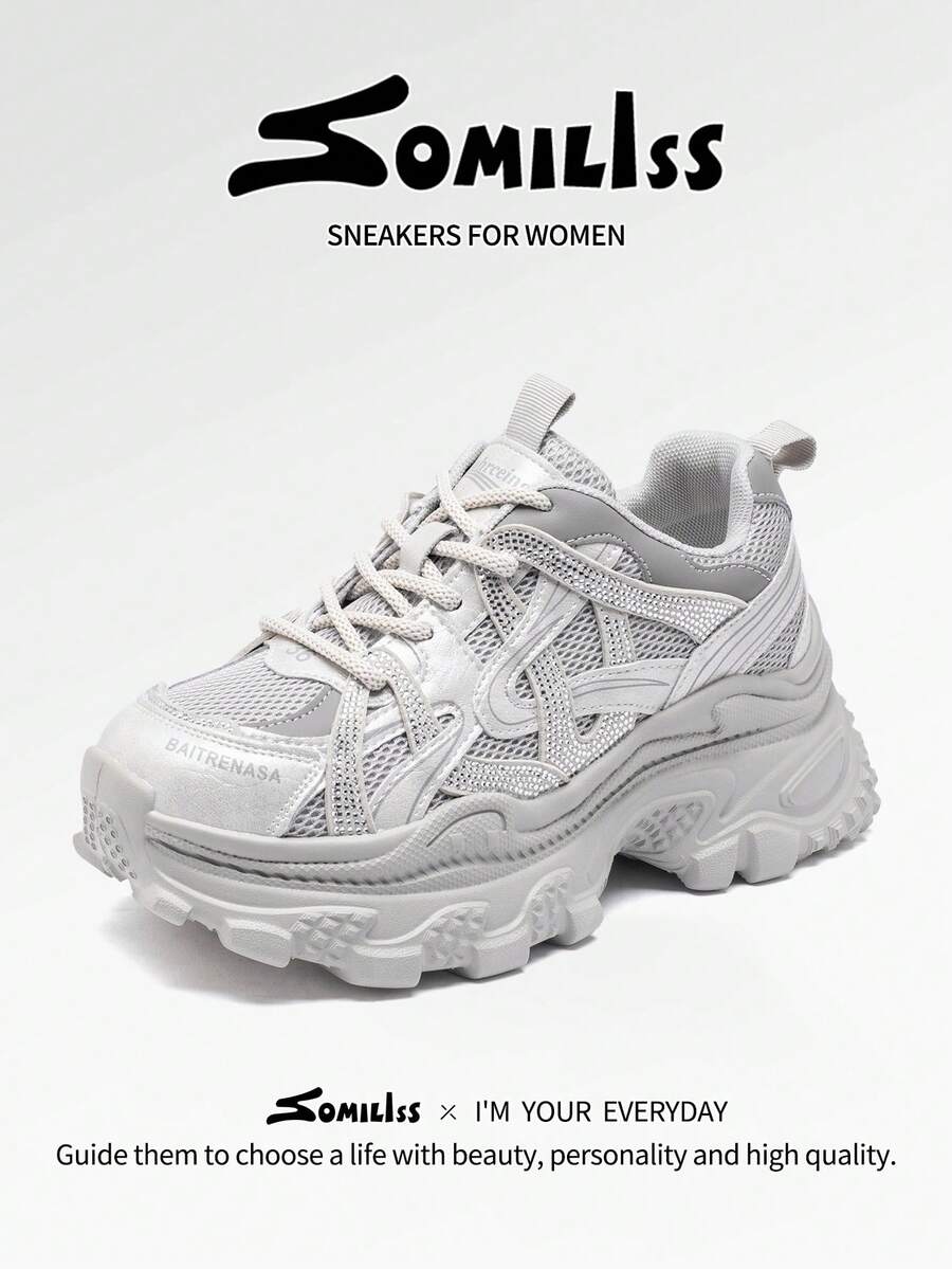 somiliss 6厘米厚底系带网面水钻女式运动鞋，休闲运动鞋，时尚厚底户外步行鞋，灰色，四季皆宜