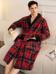 Black & Red Plaid Christmas Shawl Neck Flannel Casual Robe With Belt For Men, Autumn/Winter, Fluffy, Cozy