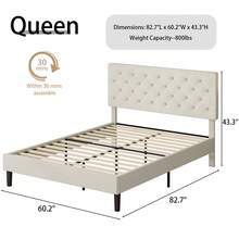 Upholstered Bed Frame With Headboard, Linen Fabric Bed Frame With Button Tufted Headboard, No Box Spring Needed, Easy Assembly, Twin/ Full/ Queen/ King, Beige/ Pink/ Dark Grey/ Grey/ Blue/ Cream/ Black - 奶油 - 查看 8