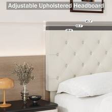 Upholstered Bed Frame With Headboard, Linen Fabric Bed Frame With Button Tufted Headboard, No Box Spring Needed, Easy Assembly, Twin/ Full/ Queen/ King, Beige/ Pink/ Dark Grey/ Grey/ Blue/ Cream/ Black - 奶油 - 查看 3