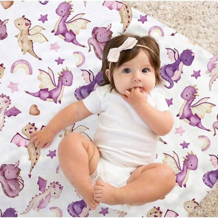 女童龙形婴儿毯，紫色童话主题柔软婴儿房毛毯，双层圆点背衬，幼儿婴儿床婴儿车襁褓，婴儿毯，30 英寸 X 40 英寸 - 紫色恐龍 - 查看 3