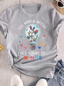 [Camiseta de Concientización] Camiseta con Estampado Gráfico de Concientización sobre el Autismo| Camiseta Casual de Cuello Redondo Suave y Elástica para Mujeres, Lavable a Máquina, Top de Primavera Verano, Diseño de Bombilla y Flores "El Mundo Necesita Todo Tipo de Mentes", Camiseta de Colores Juguetones, Camiseta de Ajuste Cómodo - Negro - Ver 6