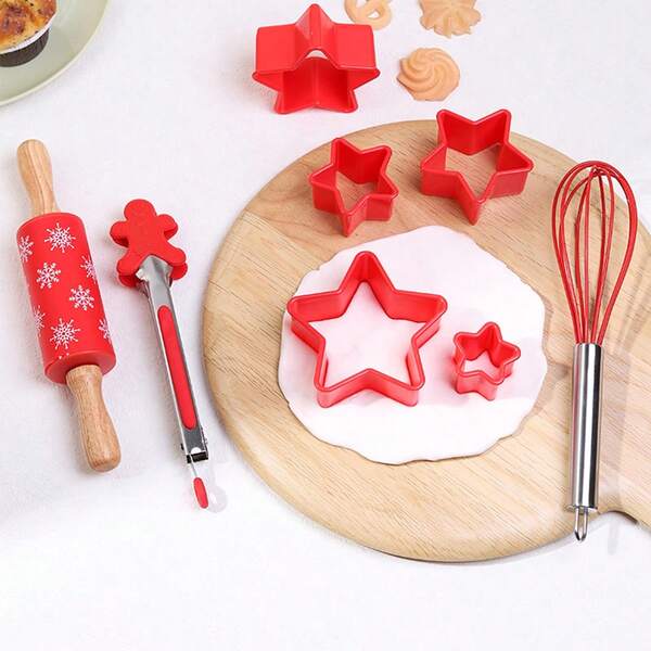Juego de Hornear Rojo Navideño, Combinación de Herramientas de Cocina para el Hogar, Incluye Rodillo de Silicona, Batidor, Pinza de Alimentos, Cortador de Galletas, Molde de Huevo Decoraciones Navideñas Pijamas Navideñas Regalos de Navidad Decoración Navideña