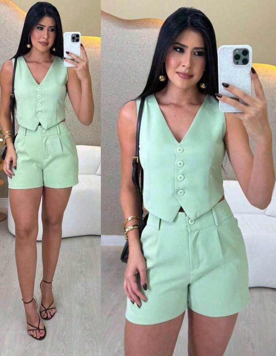 Women's Casual Tailored Set Vest And Shorts Summer 2025 - 綠色 - 查看 1