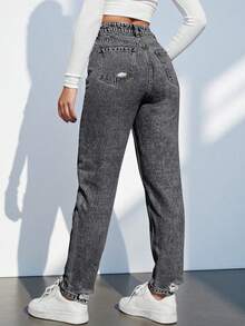 Kissmelady 8419 Tapered Jeans Zipper Women's Mom Jeans With Scratches 8419 - 黑色 - 查看 2