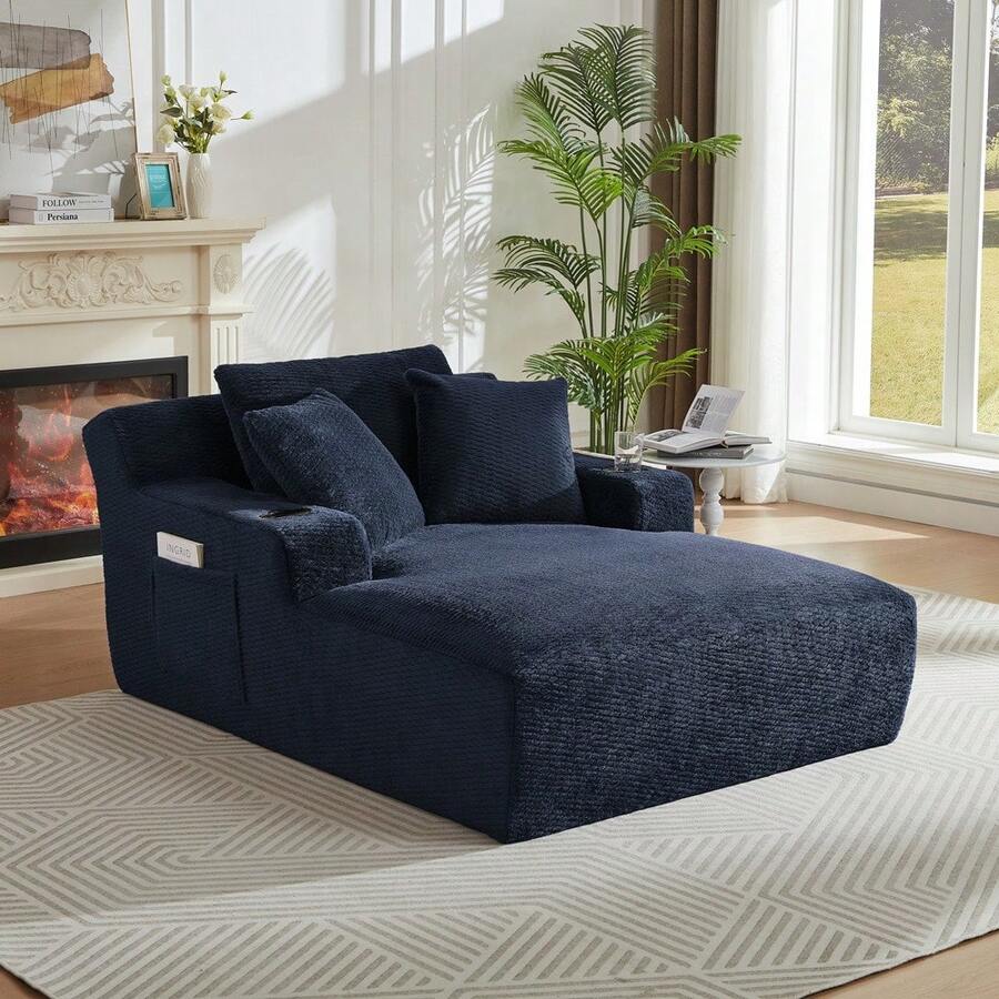 LUCKHAO 49" Chaise Lounge Indoor, Oversized Chaise Lounge Chair With 3 Comfy Pillows For Living Room Bedroom, Wide Arms Corduroy Fabric High-Density Foam No Assembly Required - 藏蓝色 - 查看 1
