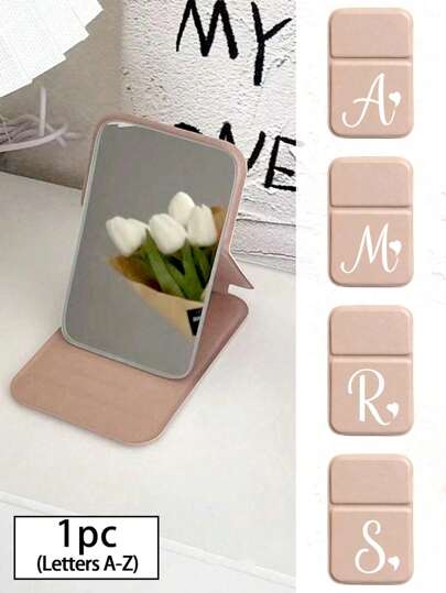 1pc Mini White Heart Shaped Letter Folding Compact Makeup Mirror With Stand, A-Z Letter Makeup Mirror, Travel Mirror, Beauty Product, Desktop Makeup Mirror, Rectangular Desktop Compact Folding Minimalist Makeup Mirror, Best Gift For Women, Mothers And Teachers