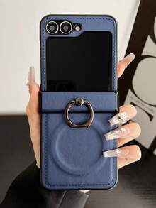 Leather Phone Case Compatible With Samsung Galaxy Z Flip 7 6 5 4 3 Magnetic Ring Holder Stand Shockproof Solid Color Back Cover - Blue - View 3