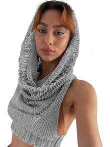 Women Knitted Hoodie Sweater Vest Sleeveless Hollow Out Hooded Crop Top Streetwear Rave Oufit - 淺灰色 - 查看 1