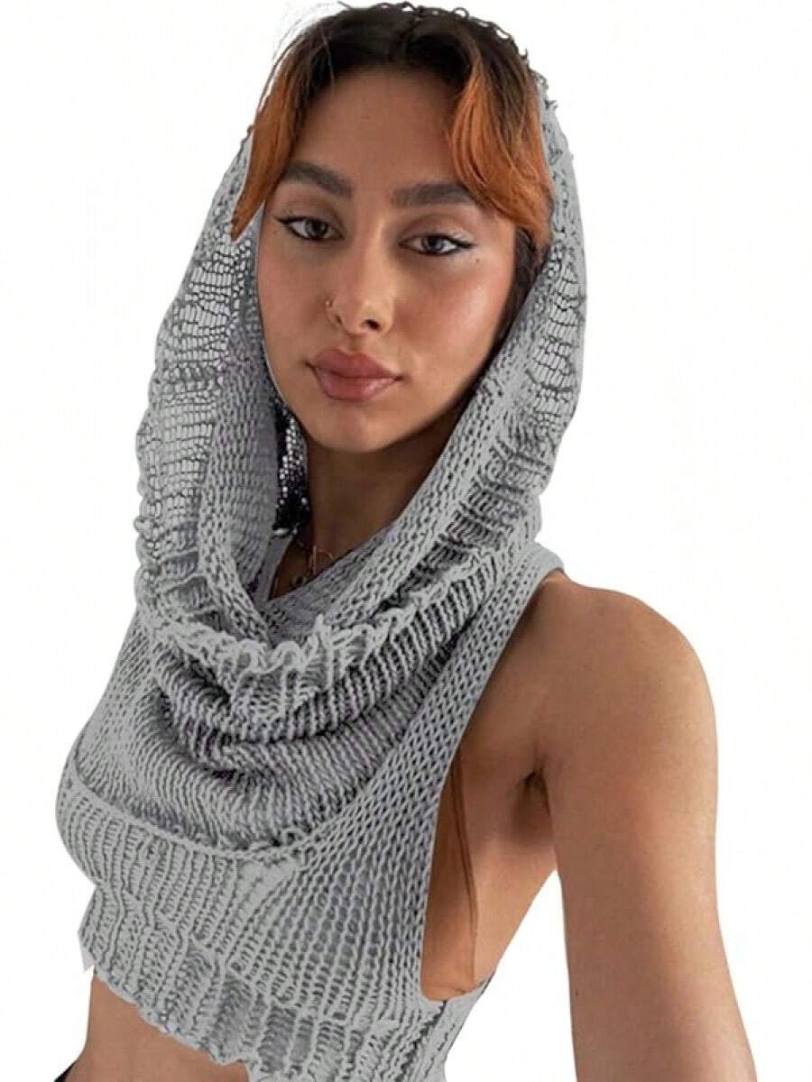 Women Knitted Hoodie Sweater Vest Sleeveless Hollow Out Hooded Crop Top Streetwear Rave Oufit - 淺灰色 - 查看 1