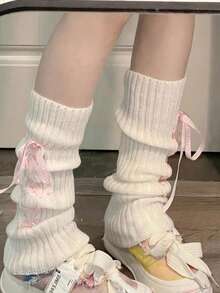 1 par de meias femininas de malha canelada com laço fofo, meias estilo bota formal, meias longas para festa - Multicolorido - Ver 3