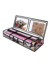 1个透明礼品包装纸收纳袋，带提手和拉链，可折叠防水礼品整理袋，黑色包边床底收纳袋，适用于各种尺寸的包装纸，透明PVC盒式容器，感恩节和圣诞节节日包装纸收纳袋