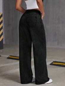 青少年女孩宽松蝴蝶印花喇叭牛仔裤，舒适时尚休闲牛仔裤