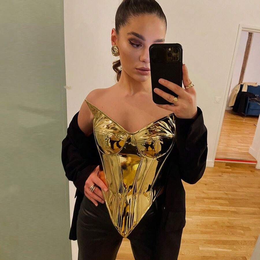 Women's Summer New Solid Color Casual PU Leather Shiny Zipper Slim Sleeveless Tube Top - 金色 - 查看 1